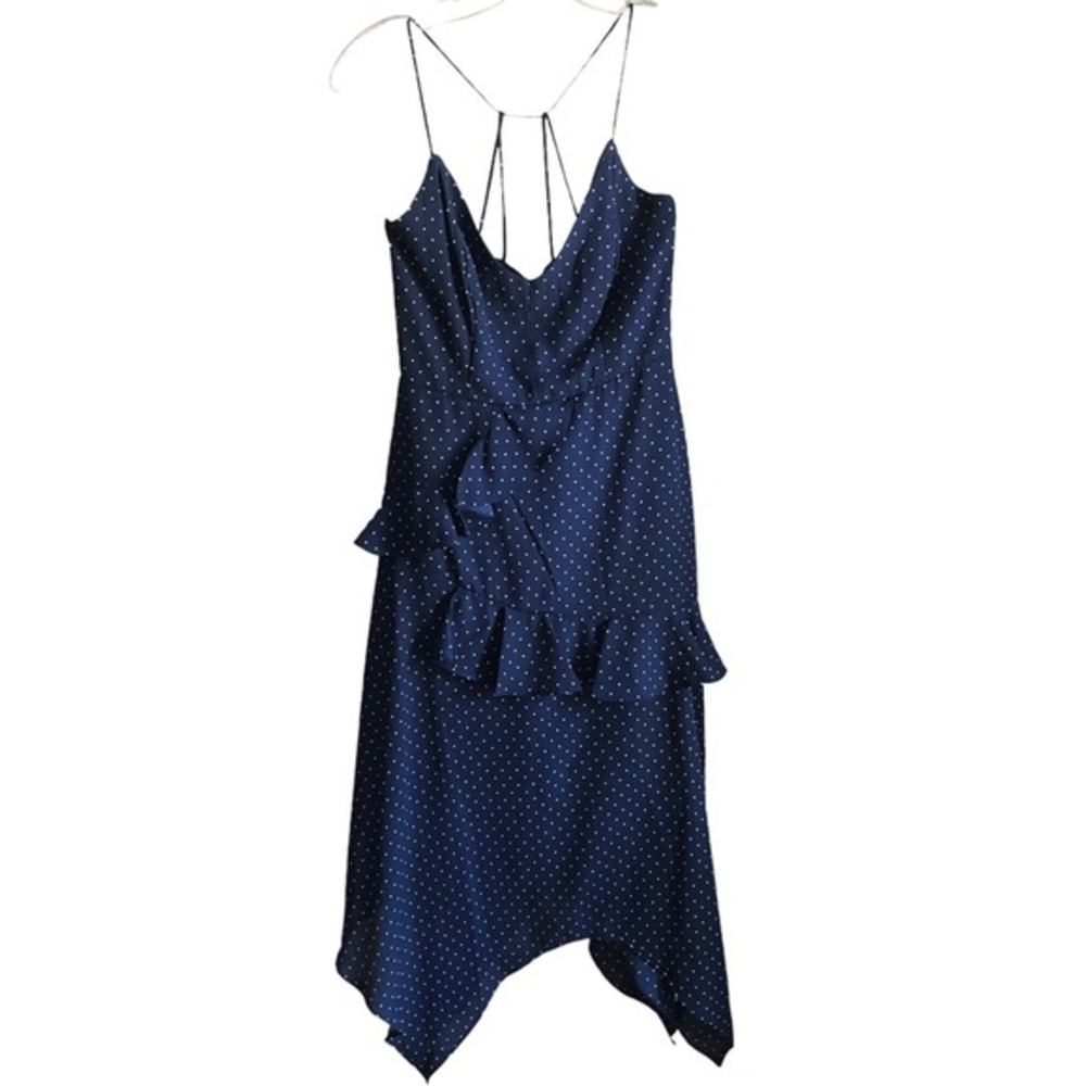 Trixxi navy & white polka dots ruffle high low fit flare dress Small